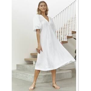 LJC Designs White Linen Charlotte Balloon Sleeve Midi Dress